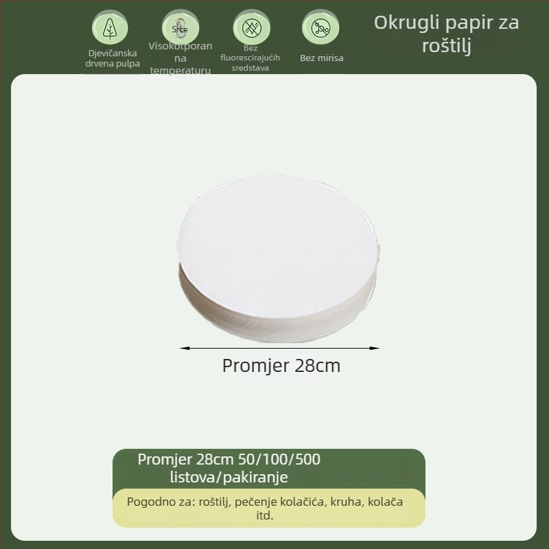 Kružni papir za pečenje s kvalitetom hrane, silikonom premazan, upija masnoću, jednokratni papir za roštilj