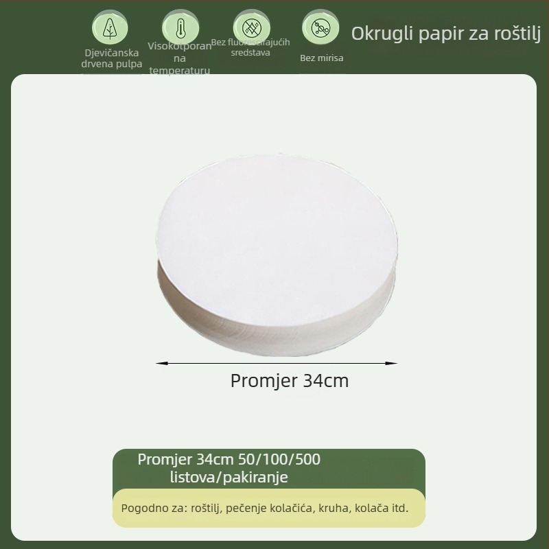 Kružni papir za pečenje s kvalitetom hrane, silikonom premazan, upija masnoću, jednokratni papir za roštilj