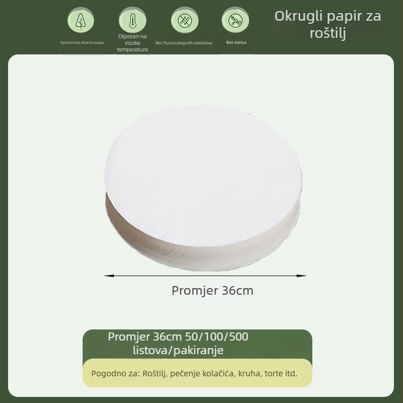 Kružni papir za pečenje s kvalitetom hrane, silikonom premazan, upija masnoću, jednokratni papir za roštilj