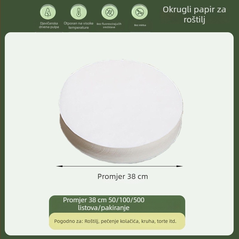 Kružni papir za pečenje s kvalitetom hrane, silikonom premazan, upija masnoću, jednokratni papir za roštilj