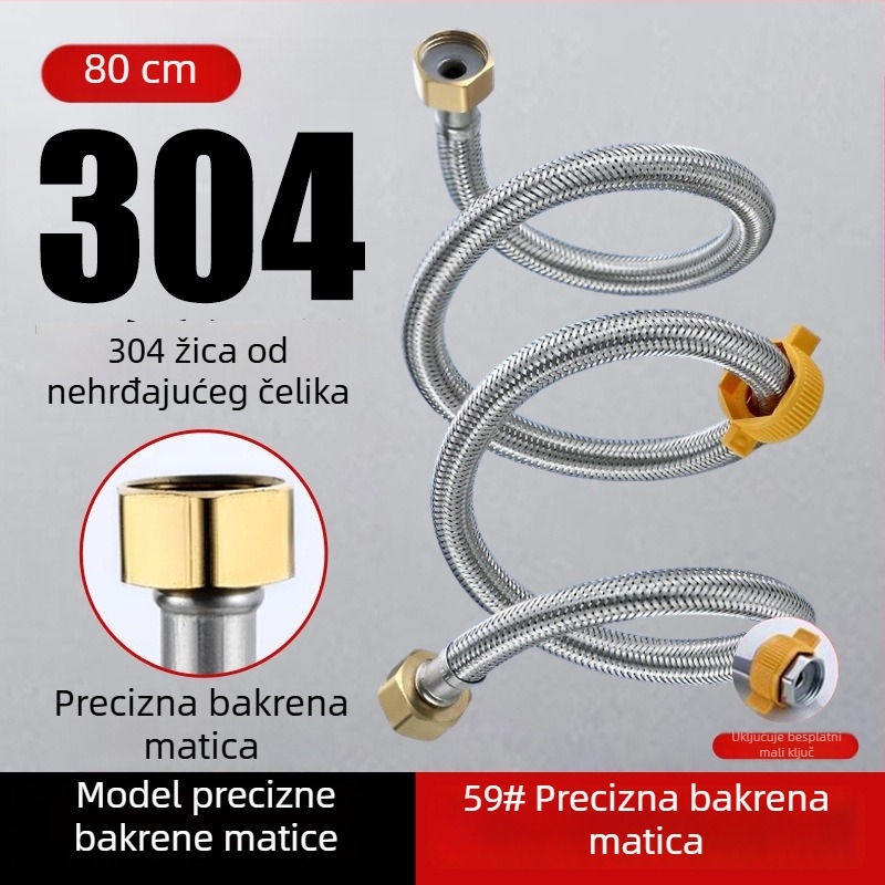 304 nehrđajući čelik, opletena cijev s debelim bakrenim vrhom za dovod tople i hladne vode, spoj na WC i bojler, 1/2 inča