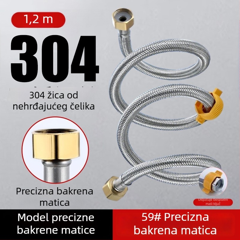 304 nehrđajući čelik, opletena cijev s debelim bakrenim vrhom za dovod tople i hladne vode, spoj na WC i bojler, 1/2 inča