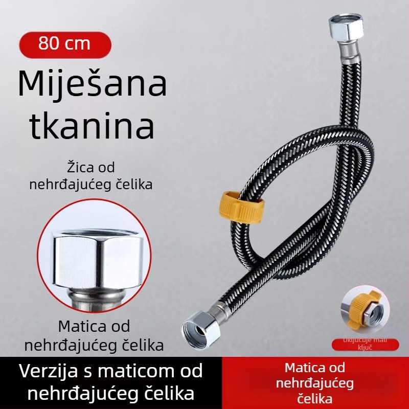 304 nehrđajući čelik, opletena cijev s debelim bakrenim vrhom za dovod tople i hladne vode, spoj na WC i bojler, 1/2 inča