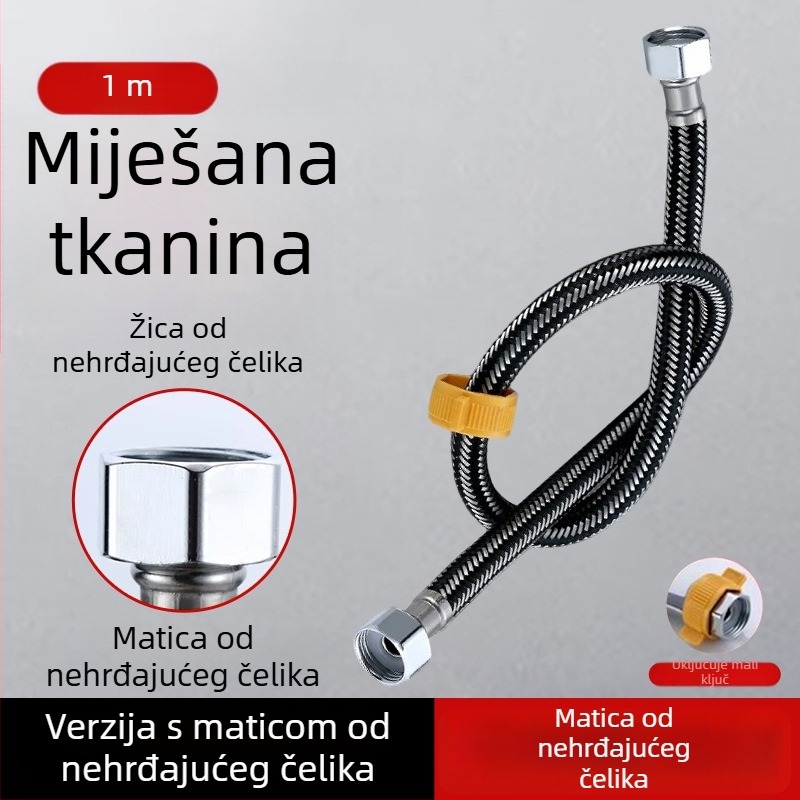 304 nehrđajući čelik, opletena cijev s debelim bakrenim vrhom za dovod tople i hladne vode, spoj na WC i bojler, 1/2 inča
