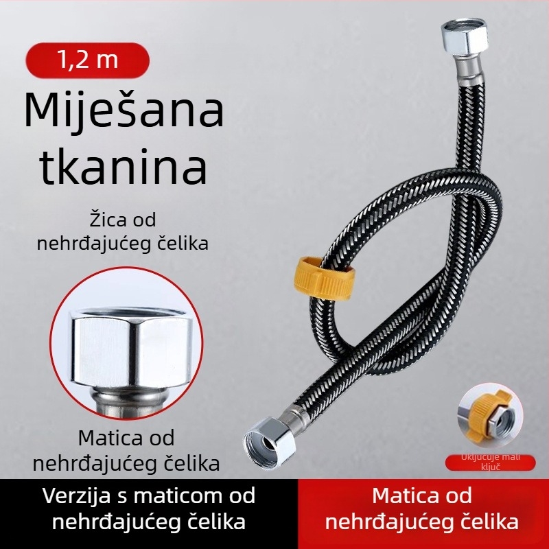 304 nehrđajući čelik, opletena cijev s debelim bakrenim vrhom za dovod tople i hladne vode, spoj na WC i bojler, 1/2 inča