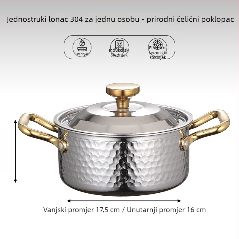Mini lonac za jedan s 304 nehrđajućeg čelika s poklopcem, promjera 16 cm, zapremina 2,1–4 L, dno sa tri sloja