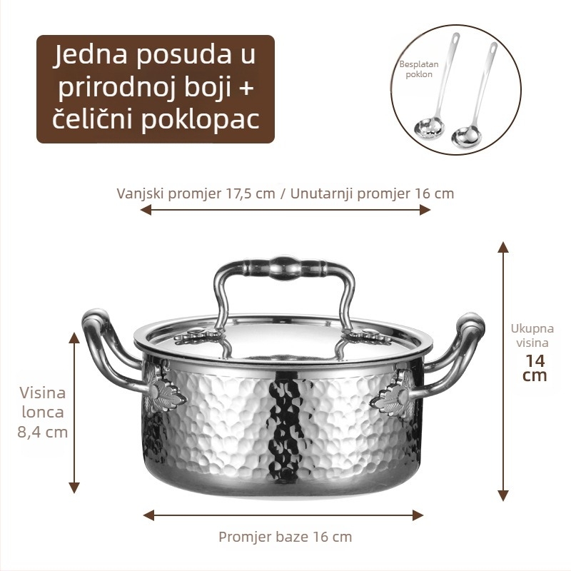 Mini lonac za jedan s 304 nehrđajućeg čelika s poklopcem, promjera 16 cm, zapremina 2,1–4 L, dno sa tri sloja