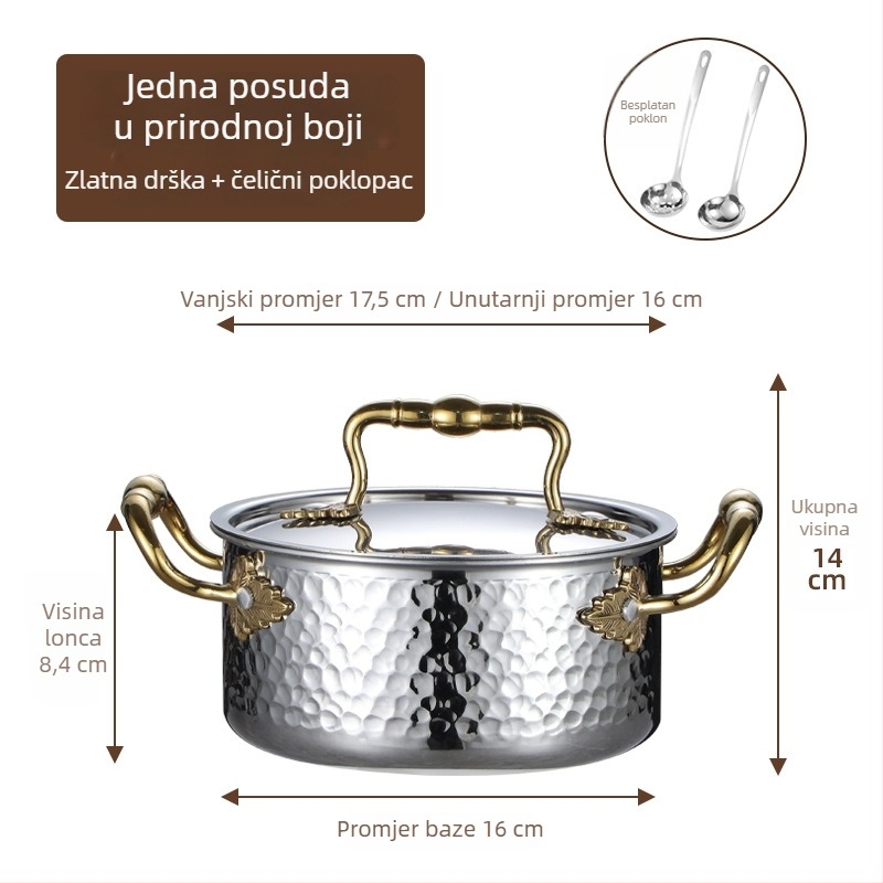 Mini lonac za jedan s 304 nehrđajućeg čelika s poklopcem, promjera 16 cm, zapremina 2,1–4 L, dno sa tri sloja
