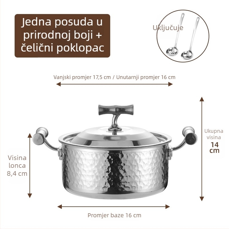 Mini lonac za jedan s 304 nehrđajućeg čelika s poklopcem, promjera 16 cm, zapremina 2,1–4 L, dno sa tri sloja