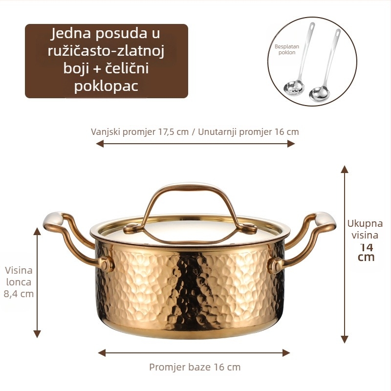 Mini lonac za jedan s 304 nehrđajućeg čelika s poklopcem, promjera 16 cm, zapremina 2,1–4 L, dno sa tri sloja
