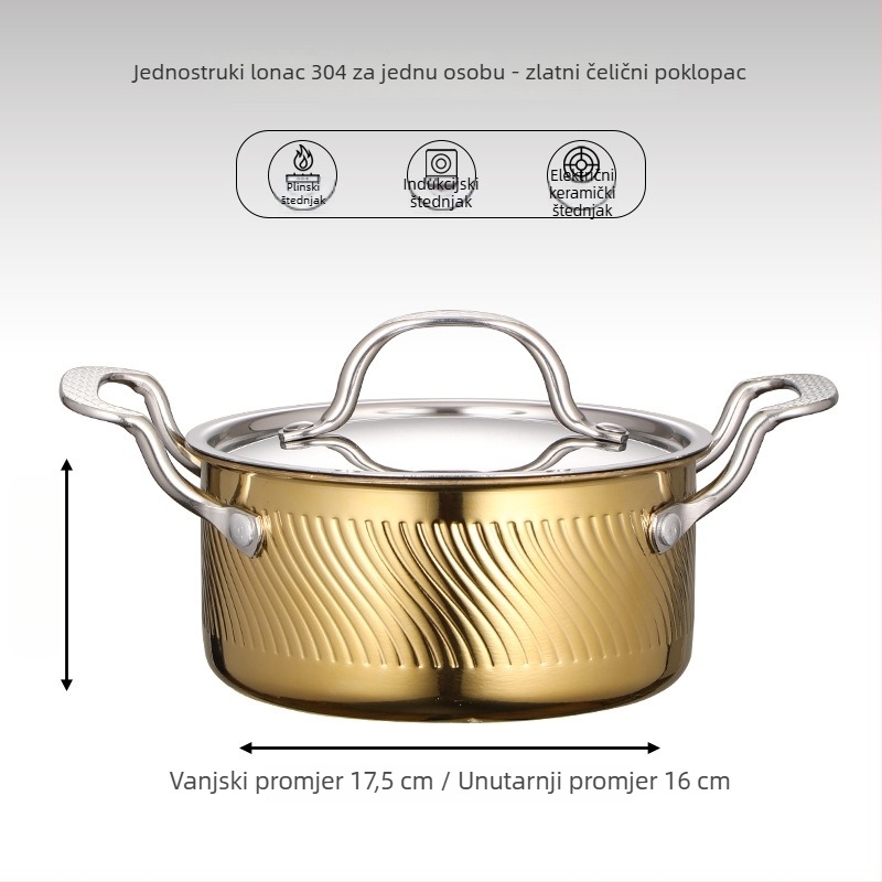 Mini lonac za jedan s 304 nehrđajućeg čelika s poklopcem, promjera 16 cm, zapremina 2,1–4 L, dno sa tri sloja