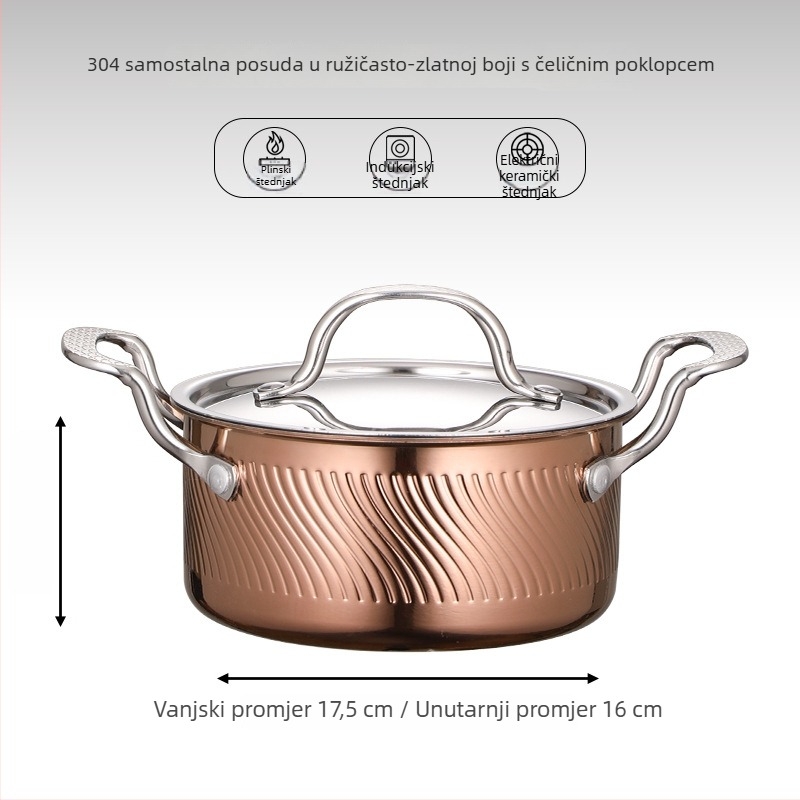 Mini lonac za jedan s 304 nehrđajućeg čelika s poklopcem, promjera 16 cm, zapremina 2,1–4 L, dno sa tri sloja
