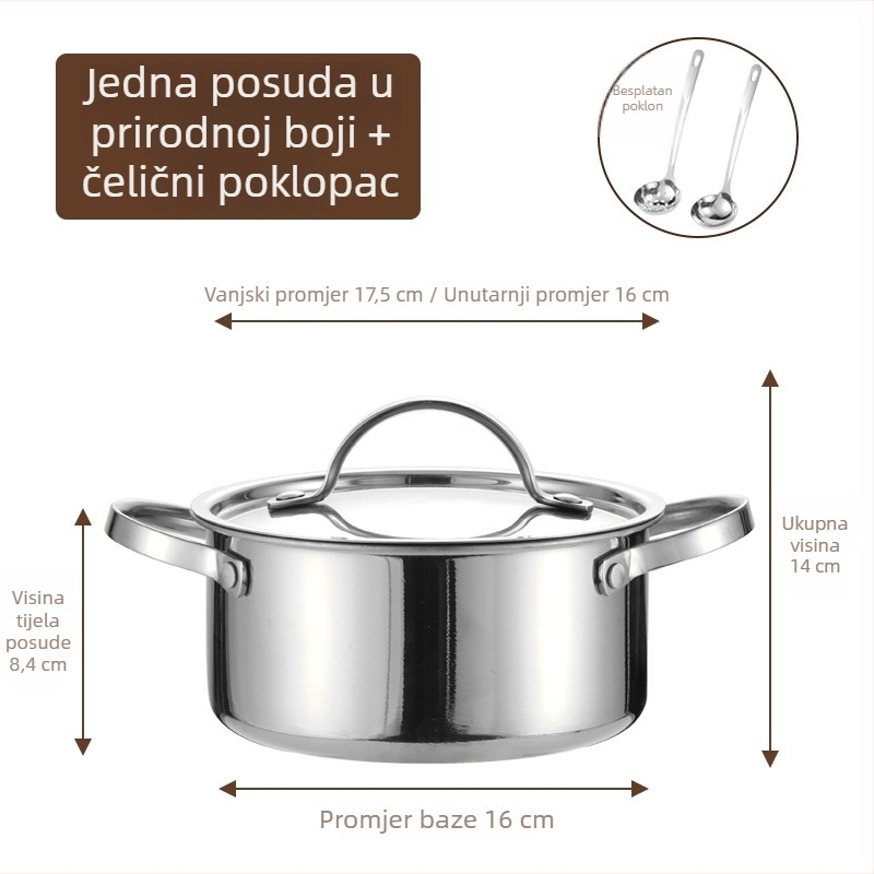 Mini lonac za jedan s 304 nehrđajućeg čelika s poklopcem, promjera 16 cm, zapremina 2,1–4 L, dno sa tri sloja