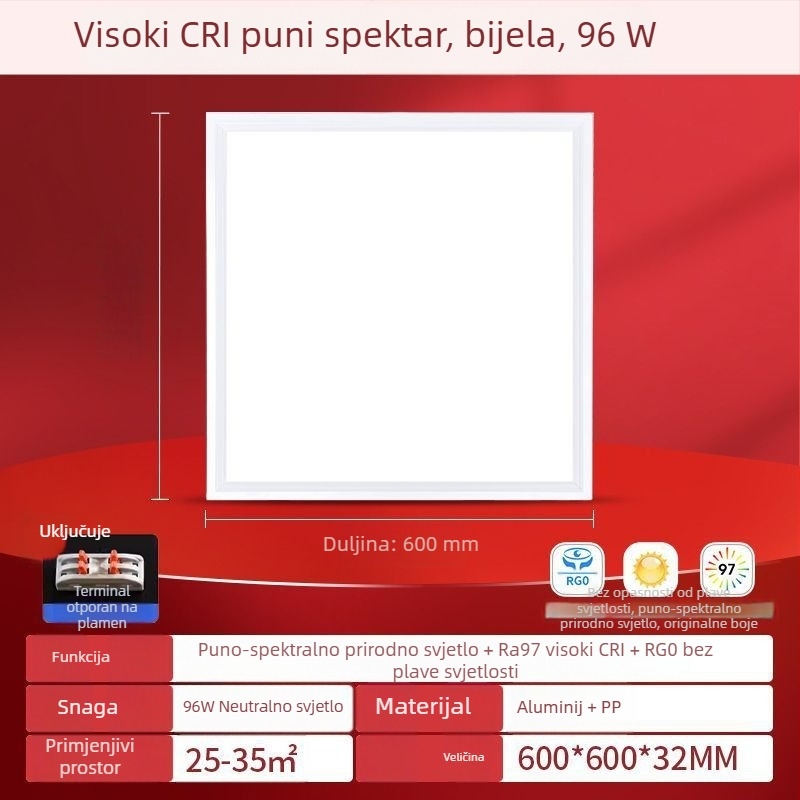 LED ravni panel svjetlo 600×600, puno spektra, aluminijski stropni panel za ured, kuhinju i kupaonicu