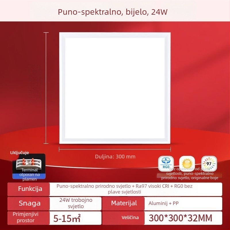 LED ravni panel svjetlo 600×600, puno spektra, aluminijski stropni panel za ured, kuhinju i kupaonicu