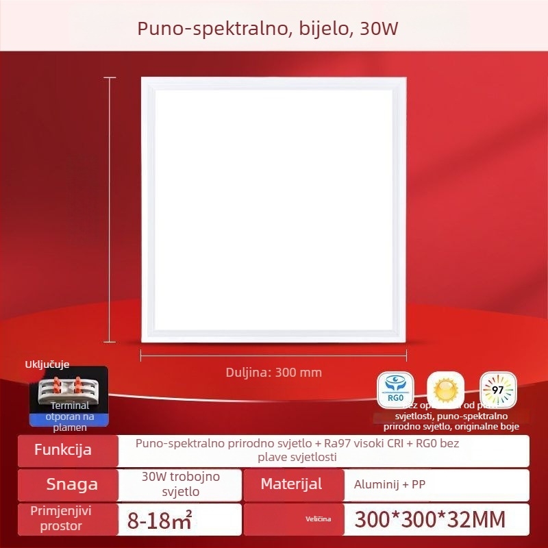 LED ravni panel svjetlo 600×600, puno spektra, aluminijski stropni panel za ured, kuhinju i kupaonicu