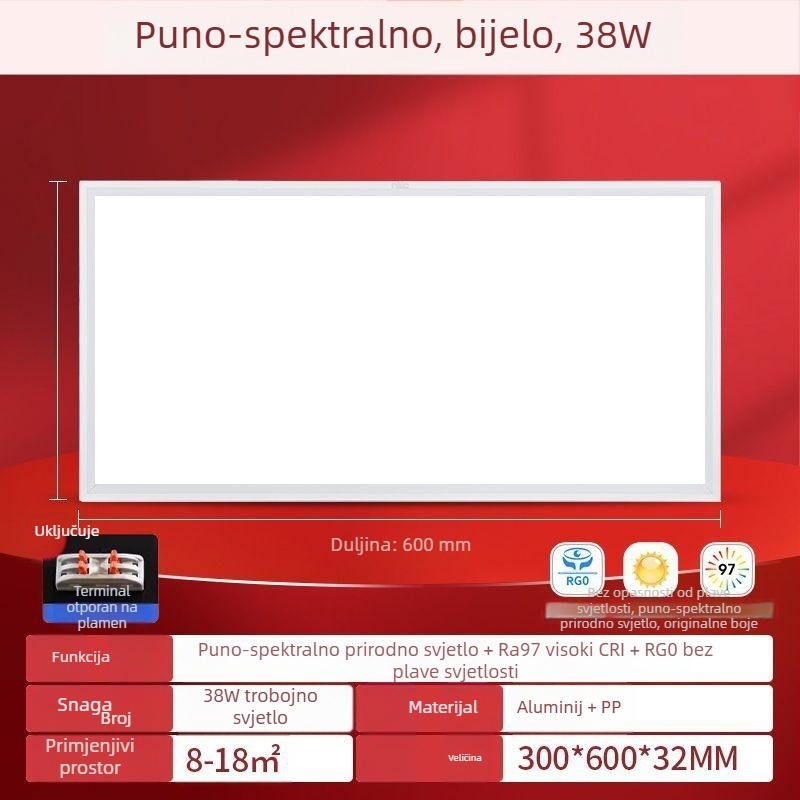 LED ravni panel svjetlo 600×600, puno spektra, aluminijski stropni panel za ured, kuhinju i kupaonicu
