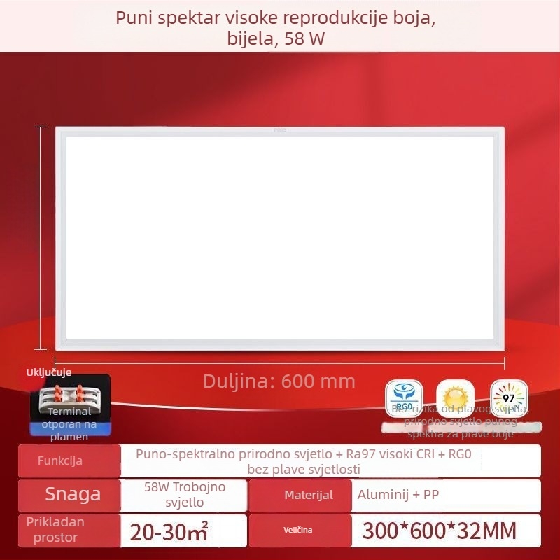 LED ravni panel svjetlo 600×600, puno spektra, aluminijski stropni panel za ured, kuhinju i kupaonicu