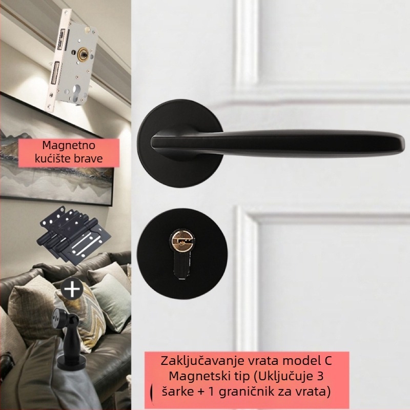 Crni moderan stroj za zaključavanje unutarnjih vrata s magnetskim mehanizmom, tih, podijeljena drvena kvaka za vrata, kućna upotreba