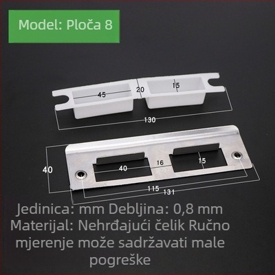 Set brave za drvena vrata: kućište brave, vodilica okvira vrata, pločica brave, rubna traka