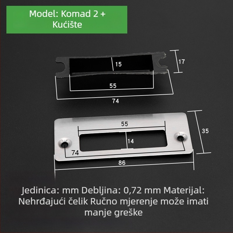 Set brave za drvena vrata: kućište brave, vodilica okvira vrata, pločica brave, rubna traka