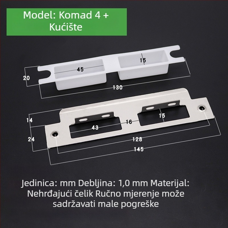 Set brave za drvena vrata: kućište brave, vodilica okvira vrata, pločica brave, rubna traka