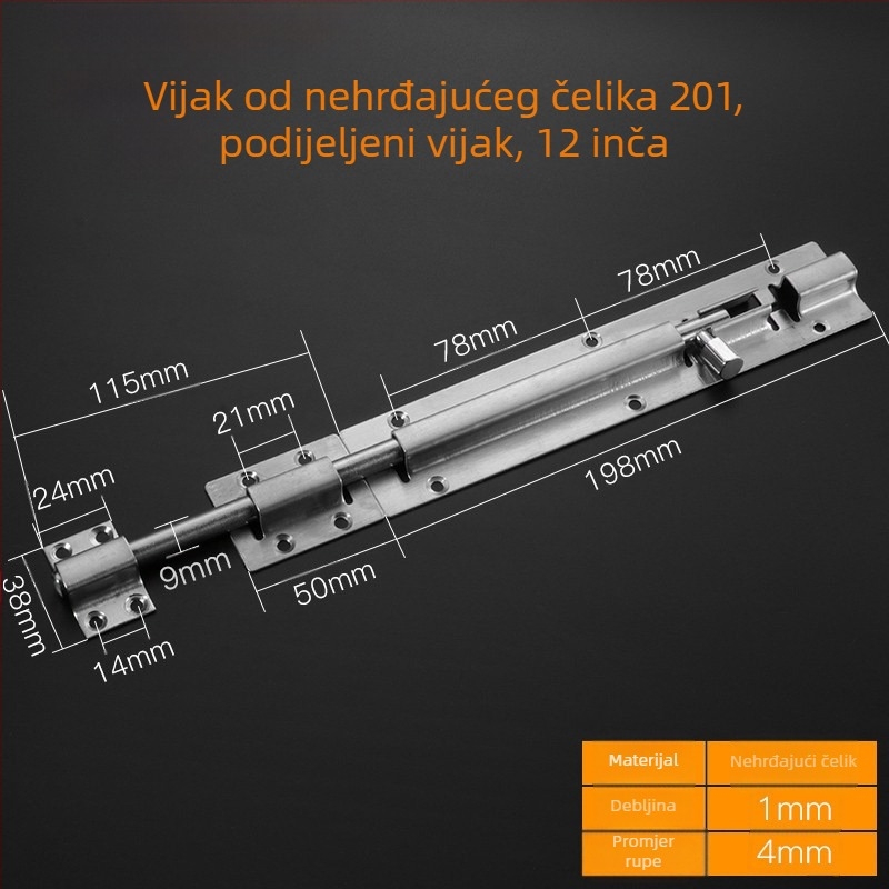 304 nehrđajući čelik – vratni bolt za vrata od drveta i prozore, protivkrađa brava, montaža na površinu, ojačani klasični dizajn