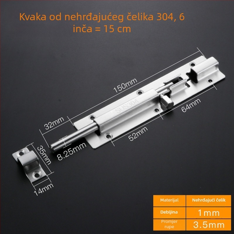 304 nehrđajući čelik – vratni bolt za vrata od drveta i prozore, protivkrađa brava, montaža na površinu, ojačani klasični dizajn