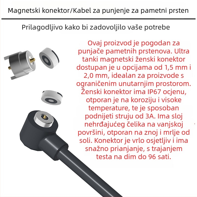 1,5 mm kružni ultra-tanki kabel za magnetsko punjenje pametnog prstena, magnetski ženski konektor, vodootporan