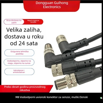 M8 vodootporan senzor konektor s kabelom, avijacijski tip, muški i ženski, 3 vodiča, 4 pina
