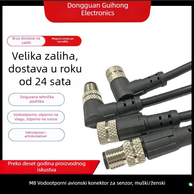 M8 vodootporan senzor konektor s kabelom, avijacijski tip, muški i ženski, 3 vodiča, 4 pina