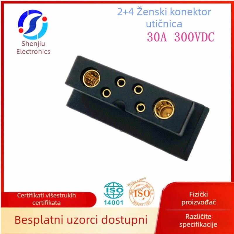 Pozlaćeni ženski baterijski konektor, 30A 300V DC, brzi priključak, konfiguracija 2+4, dimenzije 36,4×14,7 mm, za punjenje električnih vozila