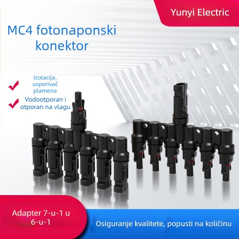 MC4 fotonaponski konektor, T-typ, sedam-puta od jednog do šest, muški i ženski priključak za solarni panel, vodootporan i stabilan