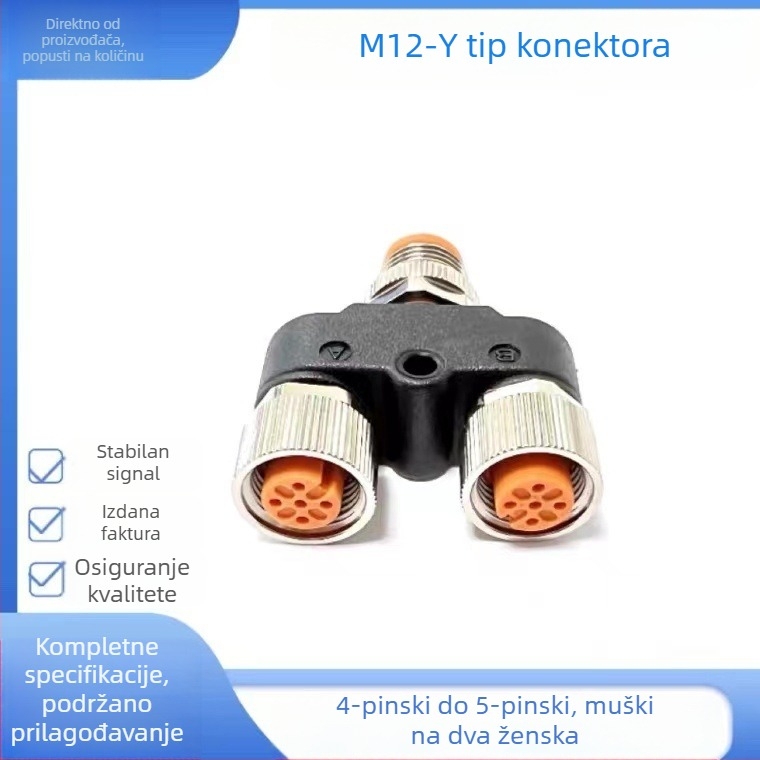 M12 konektor Y-tipa, 1 na 2, senzor konektor s 4 ili 5 pinova, muški–ženski, avionski vodootporni priključak