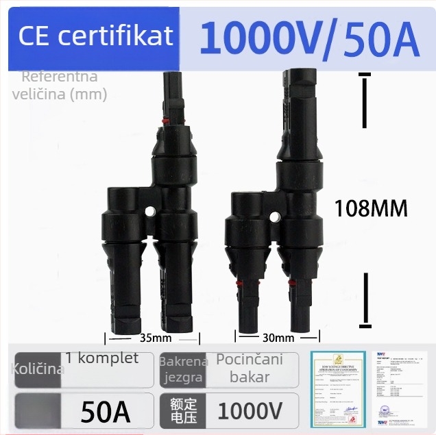 MC4 fotonaponski konektor za solarne panele, Razdjelnik T-tipa, paralelni adapter 2 na 1, 3-putni konektor