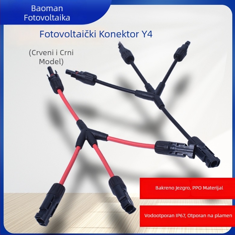 MC4 fotonaponski spojnik, Y-tip četiri grane, vodootporan, crveno-crni kabel Y4
