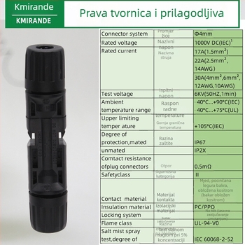 MC4 fotonaponski konektor — IP67 vodootporan muški i ženski priključak za solarne ploče