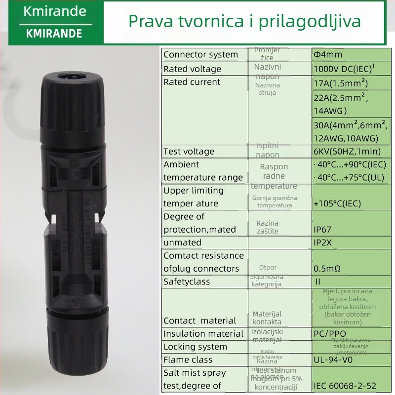 MC4 fotonaponski konektor — IP67 vodootporan muški i ženski priključak za solarne ploče