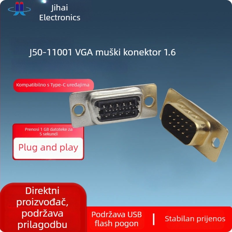 VGA 15-pini muški D-Sub konektor s pločom za pričvršćivanje, razmak 1,6 mm