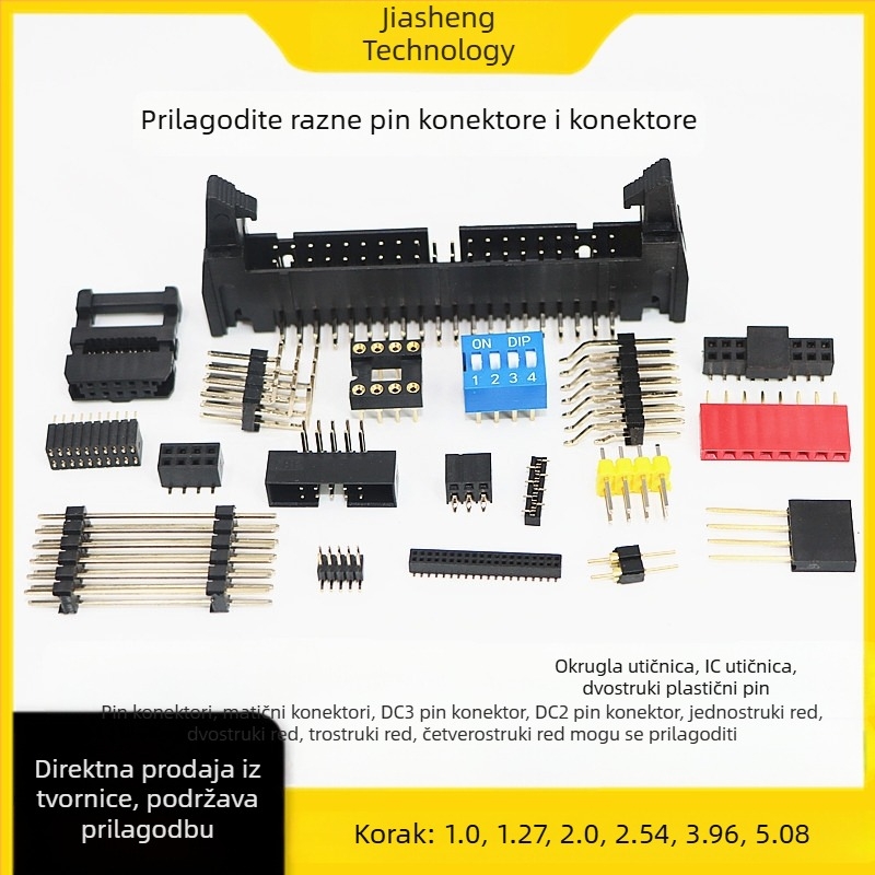 Pin header i ženski header – pakiranje trakom i rolom, razmaci 1.0, 1.27, 2.0, 2.54, 3.96, 5.08 mm, ravni i zakrivljeni pinovi