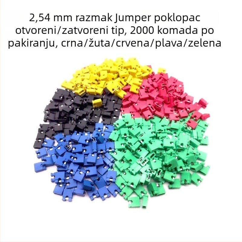 Jumper kapa s razmakom 2,54 mm, kratko-spojni blok, pin header konektor, otvoreni/zatvoren tip, boje: crna, žuta, plava, crvena, zelena