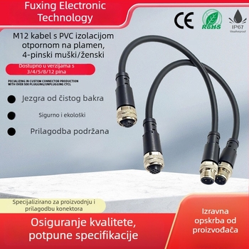 M12 vodootporan konektor, 4-pinski, muški i ženski, PVC kabel otporan na plamen, injekcijski oblikovan