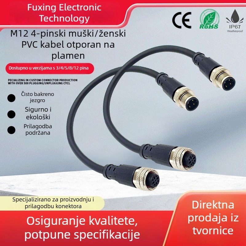 M12 vodootporan konektor, 4-pinski, muški i ženski, PVC kabel otporan na plamen, injekcijski oblikovan