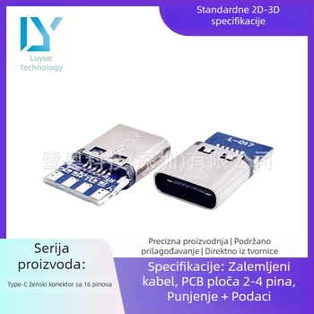 Type-C 16-pinski vodootporni ženski konektor, uspravan USB 16P, s postom i crvenim gumiranim prstenom, visina 5,75 mm