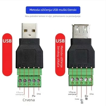 JT1284 USB-A ženski konektor za 5-pinski terminál, bez lemovanja, zeleni konektor