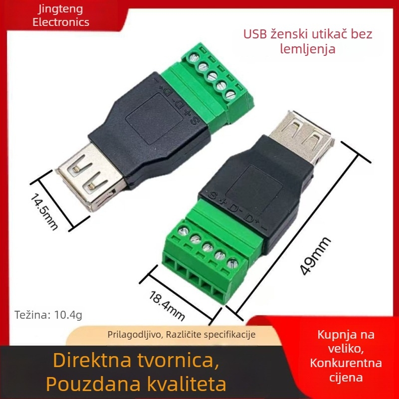 JT1284 USB-A ženski konektor za 5-pinski terminál, bez lemovanja, zeleni konektor
