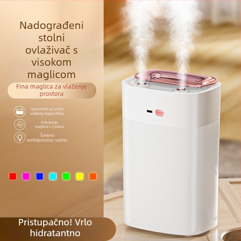 Ultrazvučni ovlaživač za kućnu upotrebu s dva mlazna izlaza i šarenim ambijentalnim svjetlom