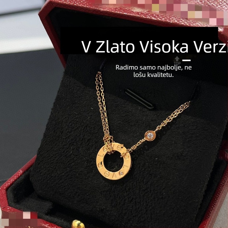 Ogrlica iz serije V Gold Love, debelo pozlata 18K, dijamantni kružni privjesak, LLOVE privjesak, lanac ključne kosti