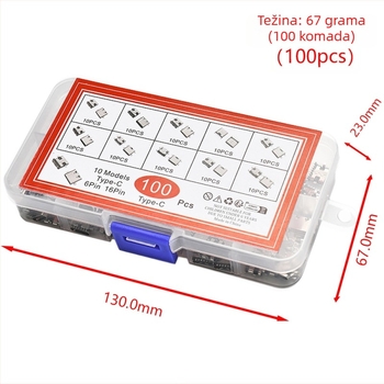 100 kom USB Type-C ženski SMT konektor, inline montiranje, USB 3.1, 6P/16P, 4 pinova