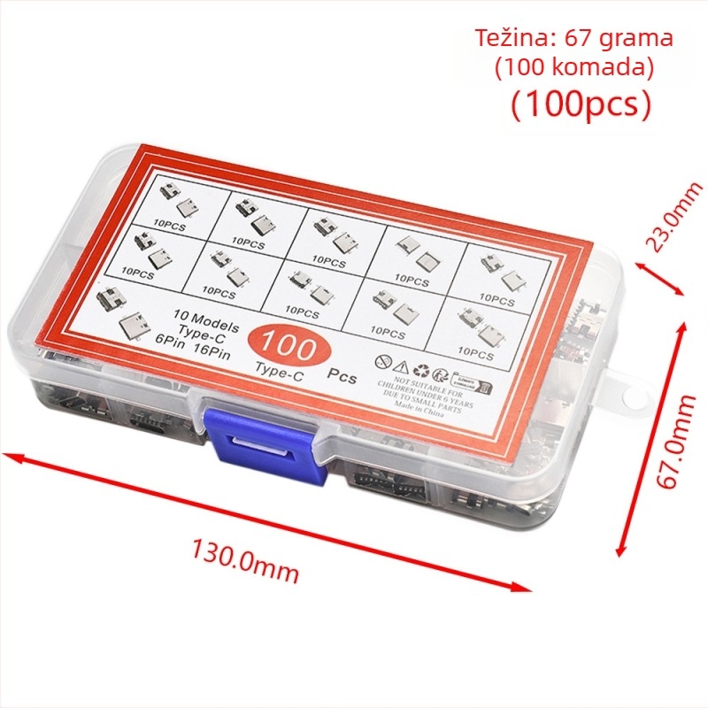 100 kom USB Type-C ženski SMT konektor, inline montiranje, USB 3.1, 6P/16P, 4 pinova